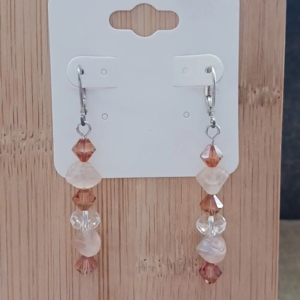 Silver Tone Leverback Pink Brown Glass Beaded Dangle Earrings